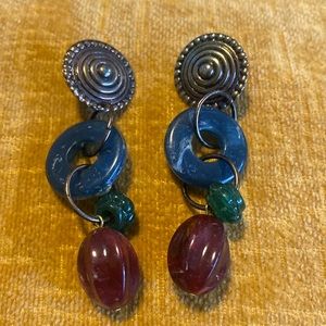 Eclectic fashion earrings. Blue green and burgundy